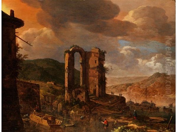 Landschaft Mit Romischer Ruine Uber Einem Flusstal Mit Blick Auf Ferne Hugel Und Gebaude Am Ufer Oil Painting by Herman Saftleven