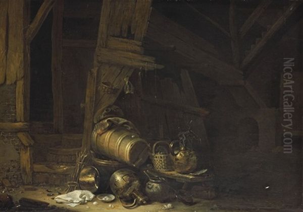 A Butter Churn, A Basket Of Figs Oil Painting by Herman Saftleven