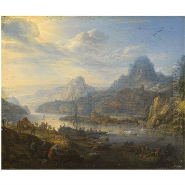 An Extensive Rhenish River Landscape With Barges And Mountains Beyond Oil Painting by Herman Saftleven