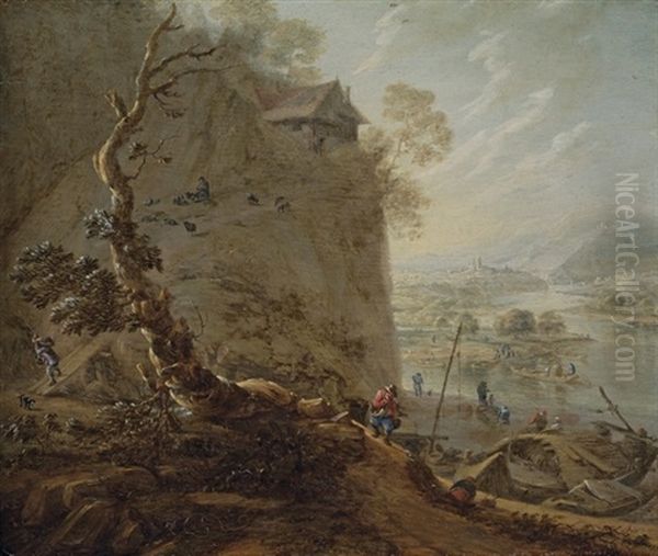 A Shepherd On A Bluff Beneath A Cottage, Peasants On A Track Below Oil Painting by Herman Saftleven