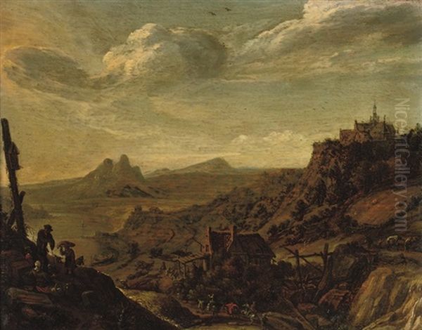 A Rhenish River Landscape With Travellers On A Track, A Church On A Hill Beyond Oil Painting by Herman Saftleven