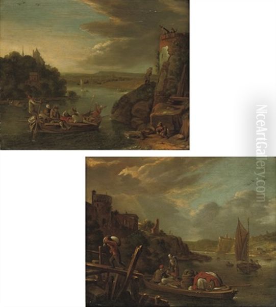 A River Landscape With Peasants Unloading A Boat At A Jetty (+ A River Landscape With A Peasant Pulling A Ferry Before A Watch Tower; Pair) Oil Painting by Herman Saftleven