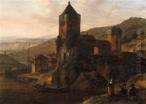 Fluslandschaft Mit Reisenden Vor Einer Burganlage Im Morgenlicht Oil Painting by Herman Saftleven