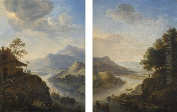 A Rhenish Landscape With Travellers Mooring Their Boats Next To A Wooded Cliff, A Castle On A Hilltop Beyond (+ Another, Similar; Pair) Oil Painting by Herman Saftleven