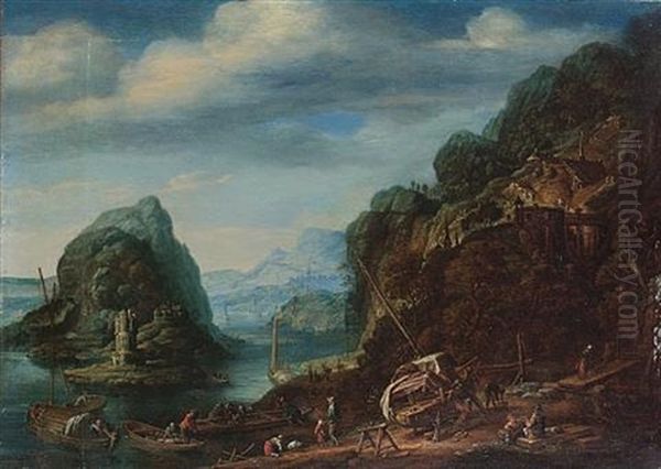 A Rhenish River Landscape With Shipwrights Repairing A Sailing Vessel And Other Figures Boarding Vessels On The Shore, A Rocky Island Beyond Oil Painting by Herman Saftleven