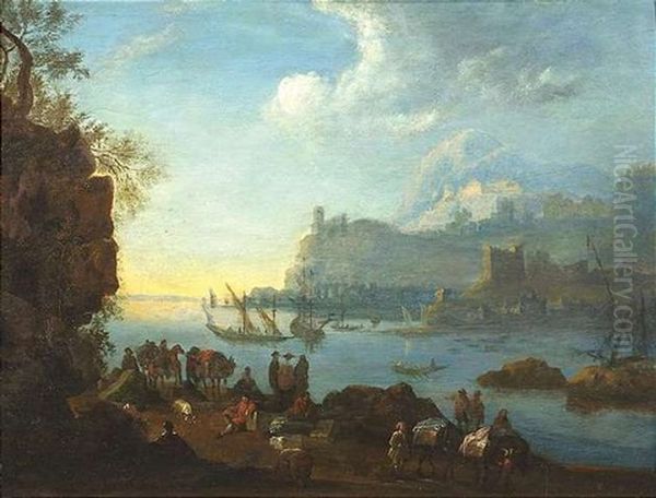 Sudlandischer Seehafen Mit Anlegeplatz Im Vordergrund Oil Painting by Herman Saftleven