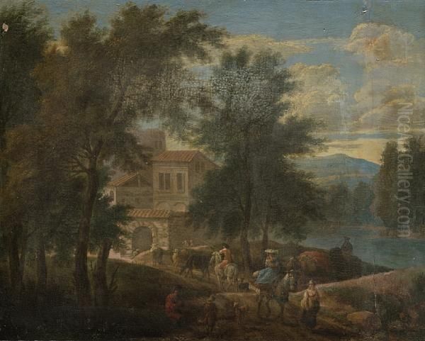 Travellers And Cowherds Before A Walled Village, An Italianate Landscape Beyond Oil Painting by Adriaen Frans Boudewijns