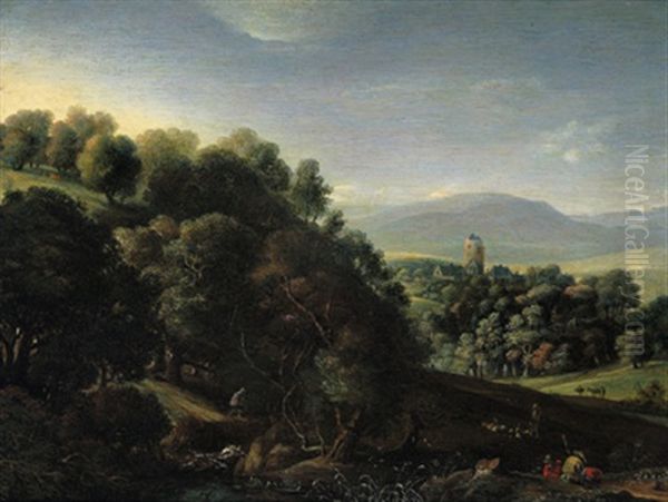 Bewaldete Landschaft Mit Rastenden Und Einem Hirten Mit Herde Oil Painting by Herman Saftleven