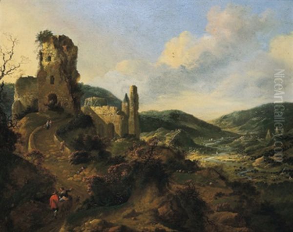 Gebirgslandschaft Mit Ruinen Und Reisenden by Herman Saftleven