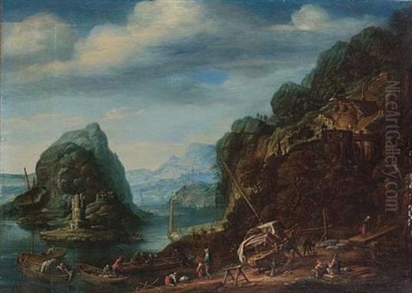 A Rhenish River Landscape With Shipwrights Repairing A Sailing Vessel And Other Figures Boarding Vessels On The Shore, A Rocky Island Beyond Oil Painting by Herman Saftleven