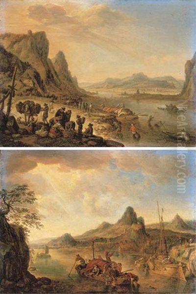 A Rhenish Landscape With Fishermen And Peasants On A River Bank (+ A Rhenish Landscape With A Loaded Boat In The Foreground, A Town Beyond, 1675; 2 Works) Oil Painting by Herman Saftleven