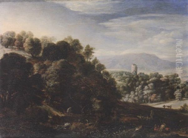 A Wooded Landscape With Figures Resting, A Traveller Crossing A Bridge And A Goatherd Tending His Flock, A View To A Village And Church Beyond Oil Painting by Herman Saftleven