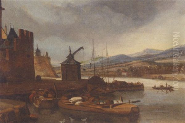 A River Landscape With Small Vessels Moored Beside A Quay Oil Painting by Herman Saftleven