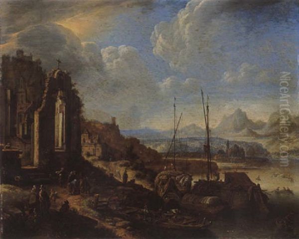 A Rheinish River Landscape Capriccio With Moored Boats, A Church Ruin, And A Castle Beyond Oil Painting by Herman Saftleven