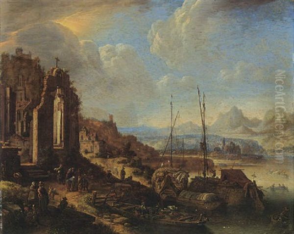 A Rhenish River Landscape Capriccio With Moored Boats, A Church Ruin, And A Castle Oil Painting by Herman Saftleven