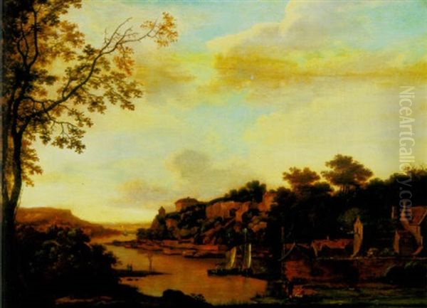 An Extensive River Landscape With Fishermen And Sailing Boats By A Walled Town, Other Buildings Beyond Oil Painting by Herman Saftleven