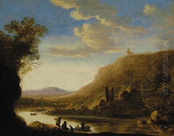 A Mountainous River Landscape With Peasants, Travellers And Muleteers By A Ferry Oil Painting by Herman Saftleven