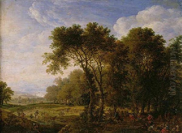 A Wooded Landscape With Figures Picnicking, Others Harvesting Beyond Oil Painting by Herman Saftleven