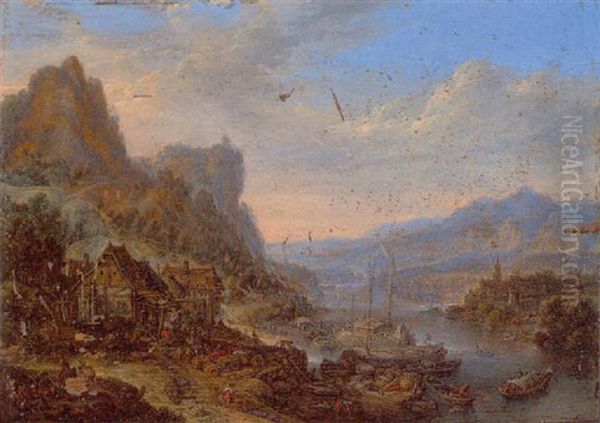 Flusslandschaft Mit Beladenen Schiffen Und Booten, Links Auf Einer Anhohe Hauser Oil Painting by Herman Saftleven