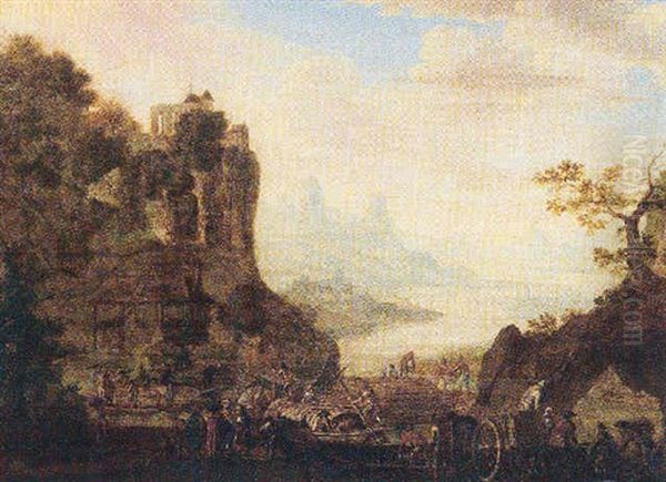 A Rhenish Landscape With Figures Loading Barges Oil Painting by Herman Saftleven