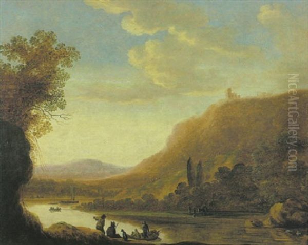 Fluslandschaft Mit Einer Fahre Vorn Am Ufer Und Ruderbooten Und Segelschiff Auf Dem Wasser Oil Painting by Herman Saftleven