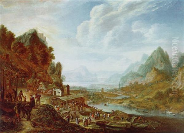 Gebirgige Fluslandschaft Mit Anglegenden Schiffen, Handlern Und Reisenden Oil Painting by Herman Saftleven