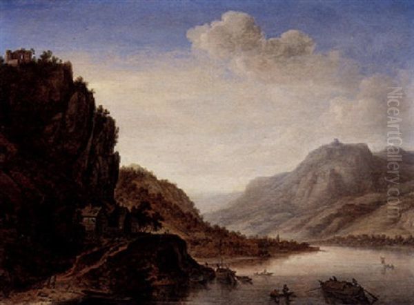 An Extensive Rhenish River Landscape With Fishermen Oil Painting by Herman Saftleven