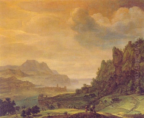 Rheinlandschaft Mit Einer Stadt Und Reisenden Oil Painting by Herman Saftleven