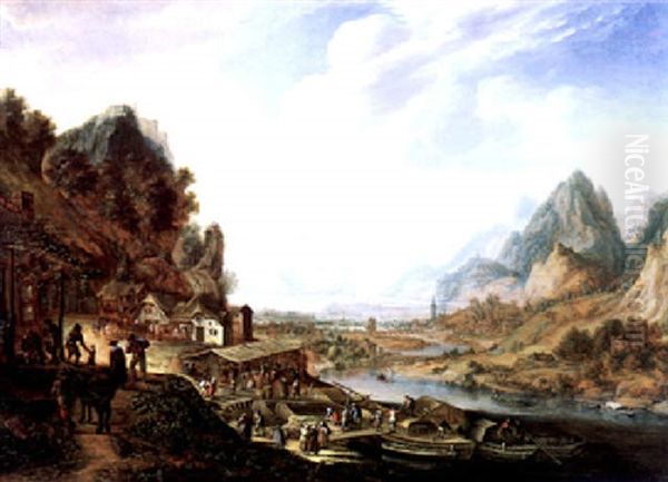 Gebirgige Flusslandschaft Mit Anlegenden Schiffen, Bauern Und Handlern Oil Painting by Herman Saftleven