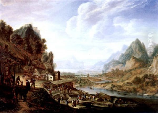 Gebirgige Flusslandschaft Mit Anlegenden Schiffen, Bauern Und Handlern Oil Painting by Herman Saftleven