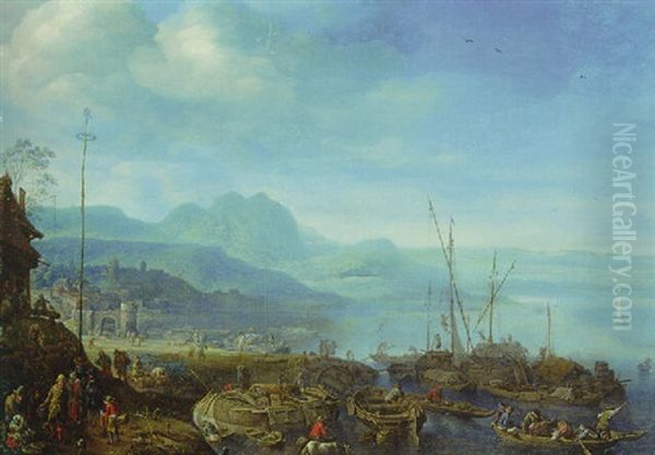 A View Of Linz Am Rhein, With Barges Unloading At Quay, An Inn Nearby Oil Painting by Herman Saftleven