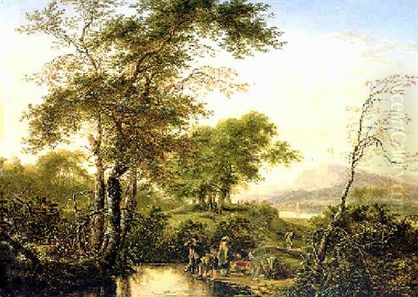 An Extensive Italianate River Landscape With Travellers Resting By A Pool Oil Painting by Herman Saftleven