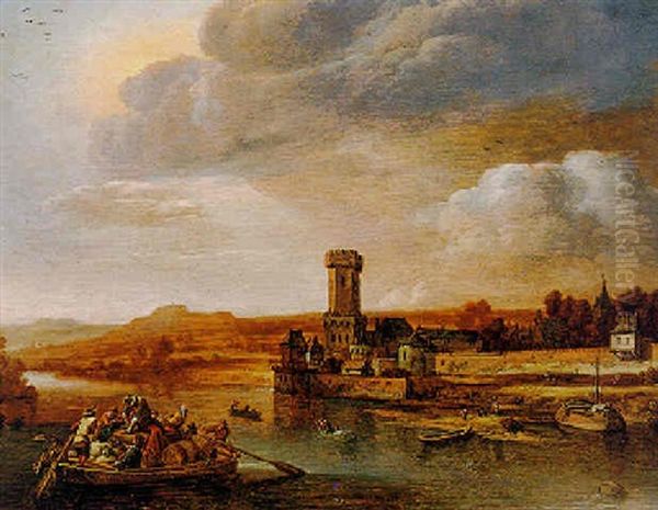 River Scene With A Ferry Boat And Castle Oil Painting by Herman Saftleven