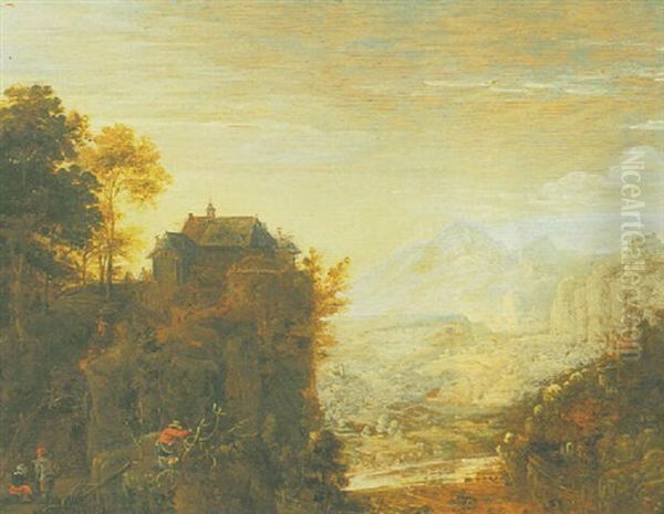 A Mountainous River Landscape With Woodcutters Oil Painting by Herman Saftleven