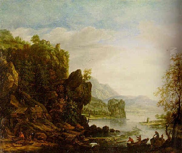 A Rhenish Landscape With Loggers On A Riverbank Oil Painting by Herman Saftleven