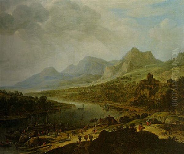 A Rhenish Landscape With Traders Unloading Barges At A Riverbank Oil Painting by Herman Saftleven