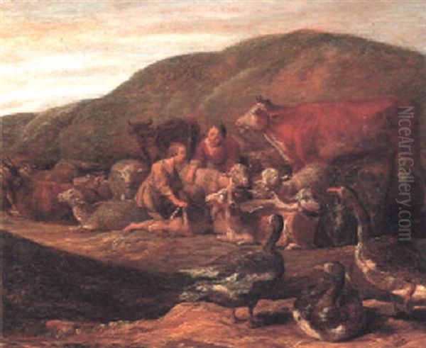 Shepherds Shearing Sheep With Other Livestock Oil Painting by Herman Saftleven