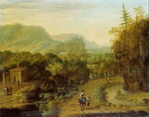 An Extensive Rhenish Landscape With Peasants On Paths By A Church Oil Painting by Herman Saftleven