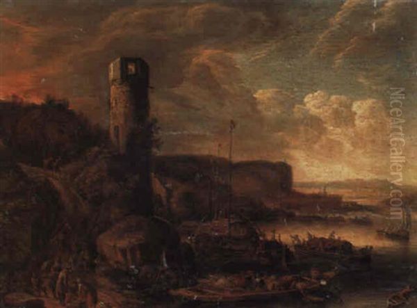 A River Landscape With Barges Moored Below A Ruined Tower Oil Painting by Herman Saftleven