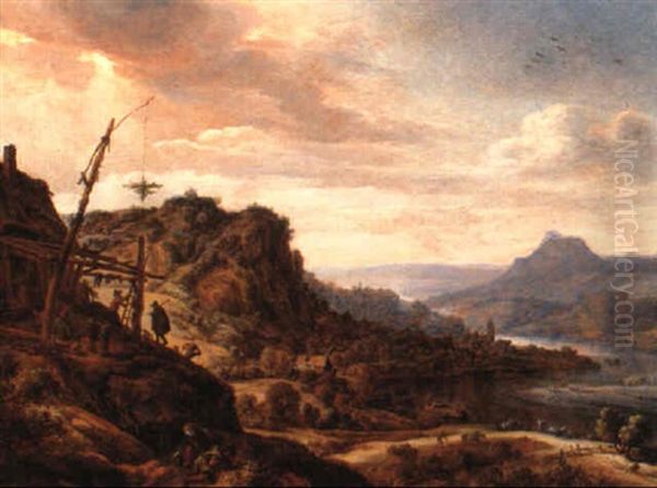 A Rhenish River Landscape At Sunset Oil Painting by Herman Saftleven