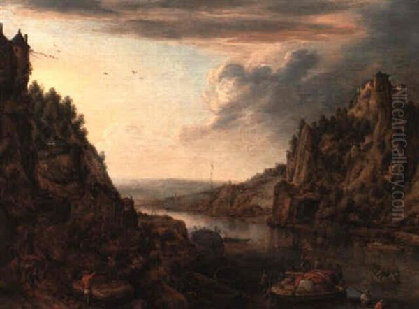 A Rhenish Capriccio With Small Vessels Near The Bank Of A River Oil Painting by Herman Saftleven