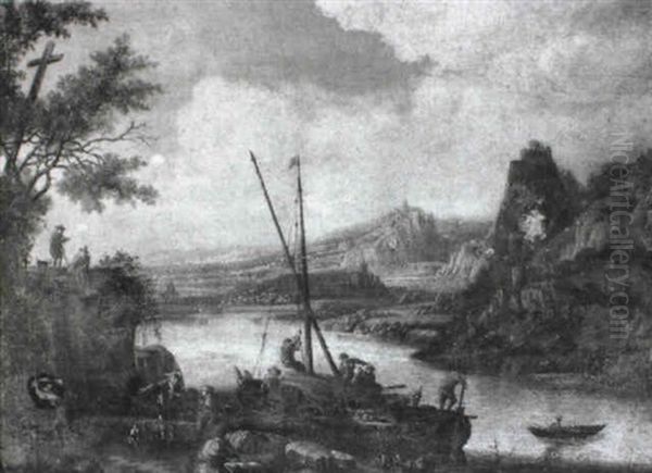 River Landscape With Merchants Unloading Their Wares Oil Painting by Herman Saftleven