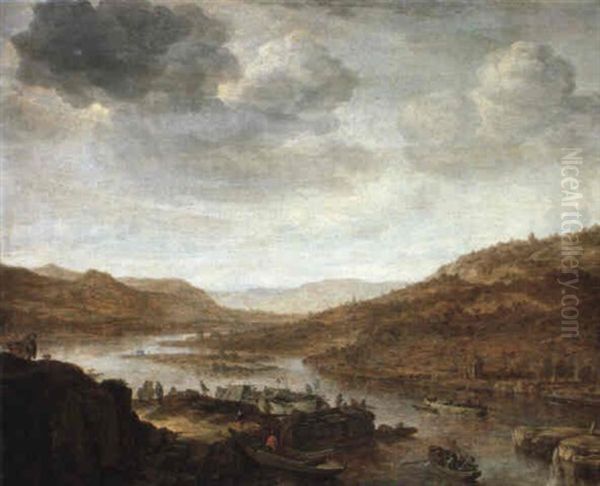 Rhenish Landscape With Moored Barges At A Landing Stage Oil Painting by Herman Saftleven