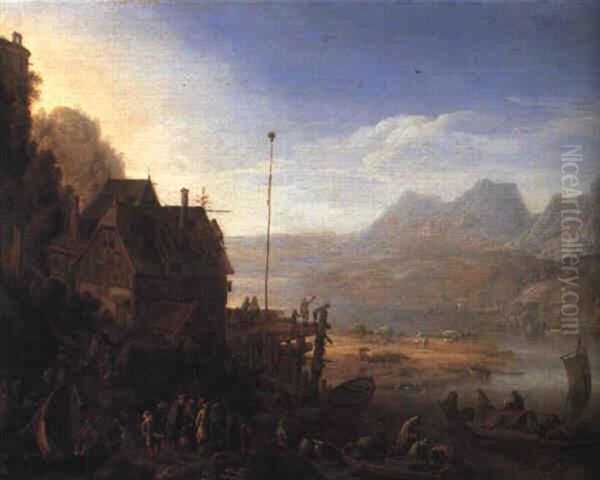 Rhenish Landscape With Fisherfolk And A Ferry Near A House Oil Painting by Herman Saftleven