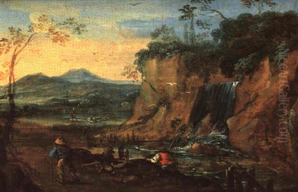 Paysage Montagneux Anime Avec Riviere Et Cascade Oil Painting by Herman Saftleven