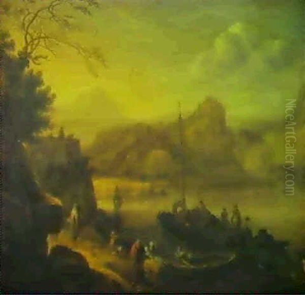 Paysage Anime Sur Les Bords Du Rhin, Des Embarcations A     Voile Oil Painting by Herman Saftleven