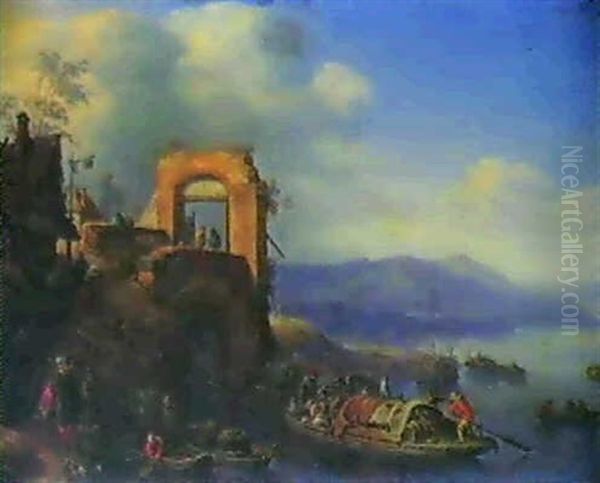 Paysage De La Vallee Du Rhin Avec Le Depart D'un Bac Oil Painting by Herman Saftleven