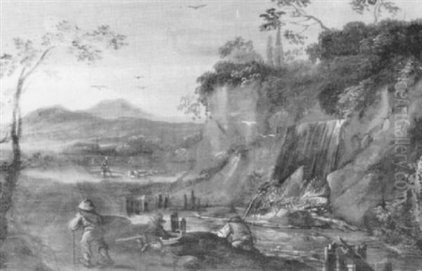 An Extensive River Landscape With A Waterfall, A Figure On A Track And Anglers Fishing Oil Painting by Herman Saftleven