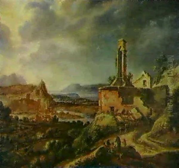 Weite Flusslandschaft Mit Ruine Und Figurenstaffage Oil Painting by Herman Saftleven