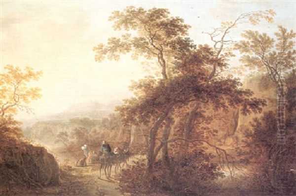 Travellers On A Wooded Path By A River And Bathers In A Mounainous Landscape Oil Painting by Herman Saftleven